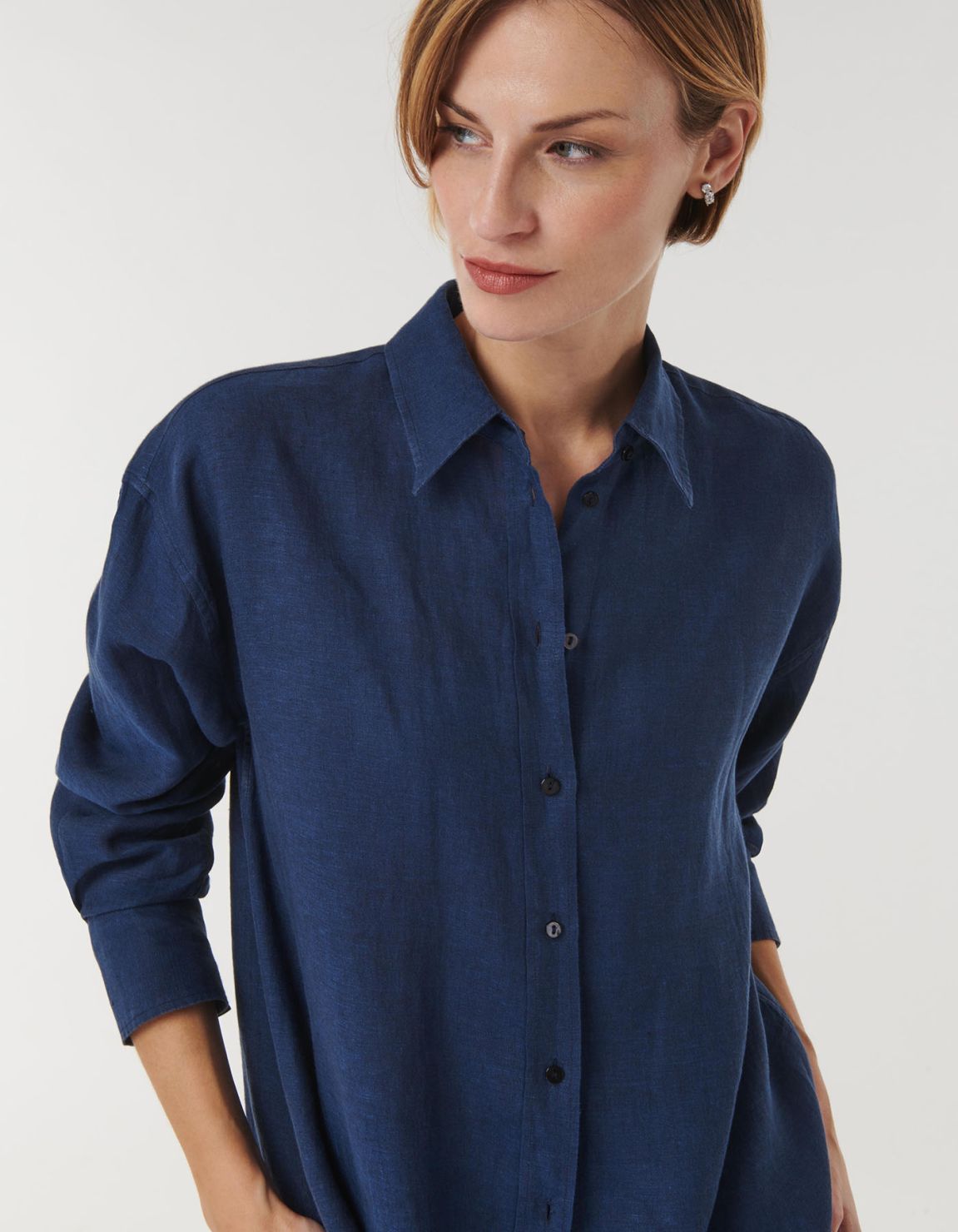 Camicia Blu navy Lino Tinta Unita Over 5