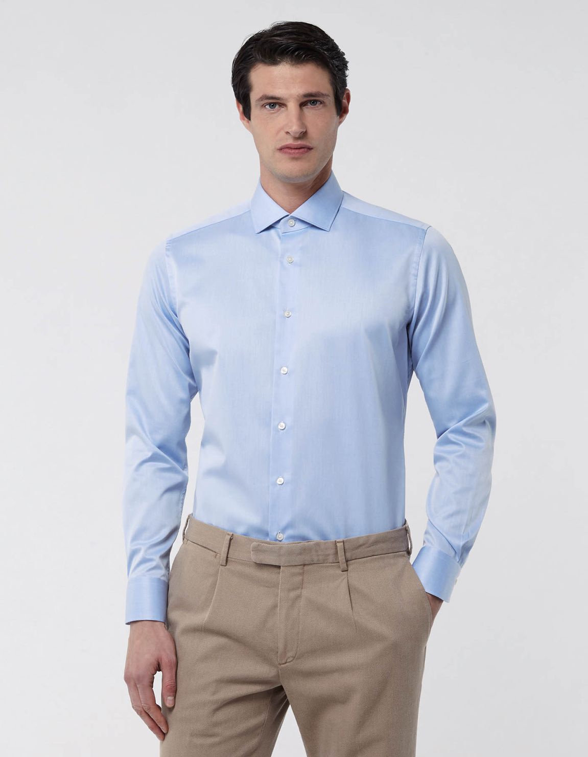 Hemd Uni Kragen Haifisch klein Twill Dunkles Himmelblau Tailor Custom Fit 3
