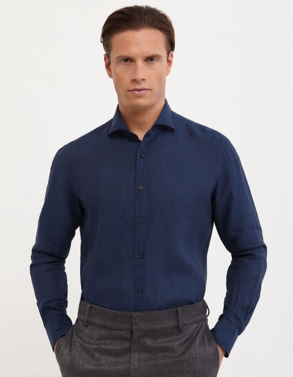 Camisa Cuello francés Liso Lino Azul marino Tailor Custom Fit 3