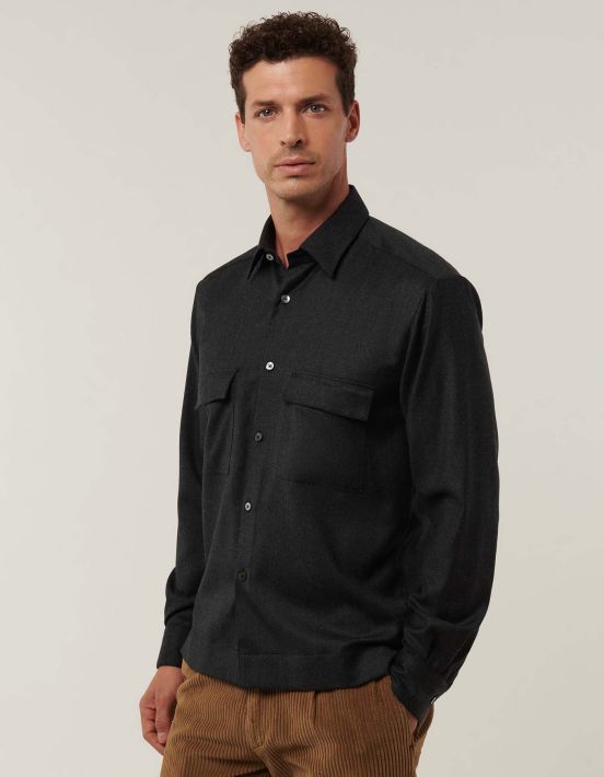 Dark Grey Twill Solid colour Shirt Collar spread