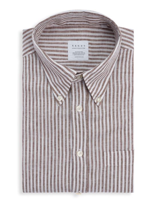 Brown Linen Stripe Shirt Collar button down Tailor Custom Fit