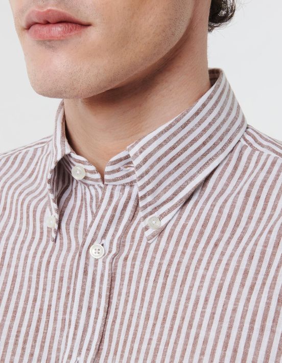 Brown Linen Stripe Shirt Collar button down Tailor Custom Fit hover