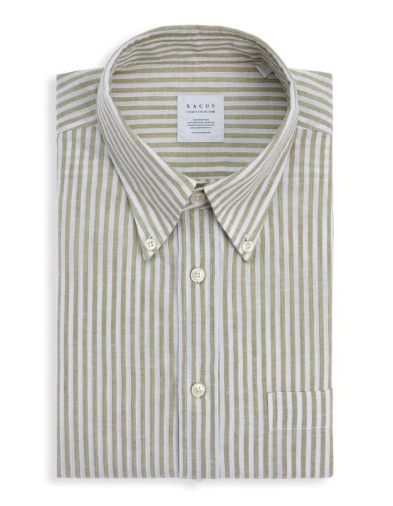 Green Linen Stripe Shirt Collar button down Tailor Custom Fit