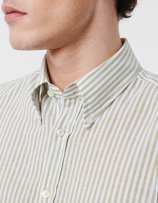 Green Linen Stripe Shirt Collar button down Tailor Custom Fit hover