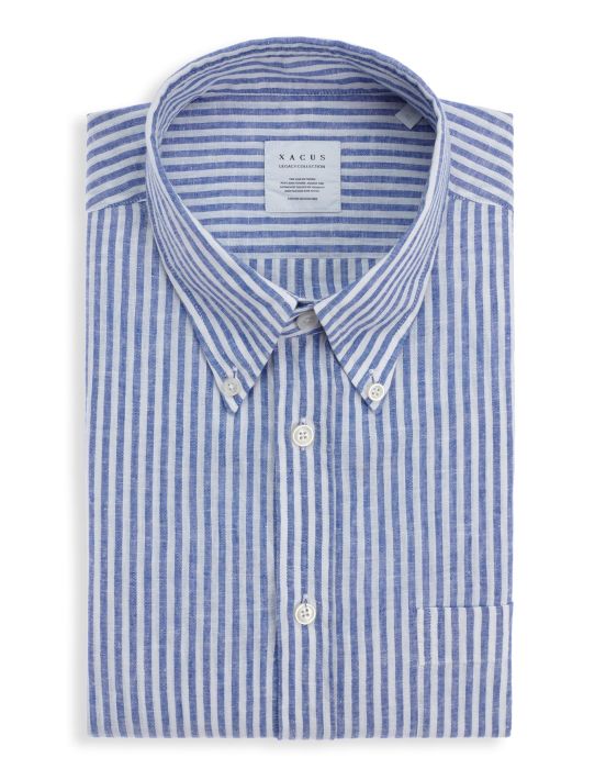 Blue Linen Stripe Shirt Collar button down Tailor Custom Fit