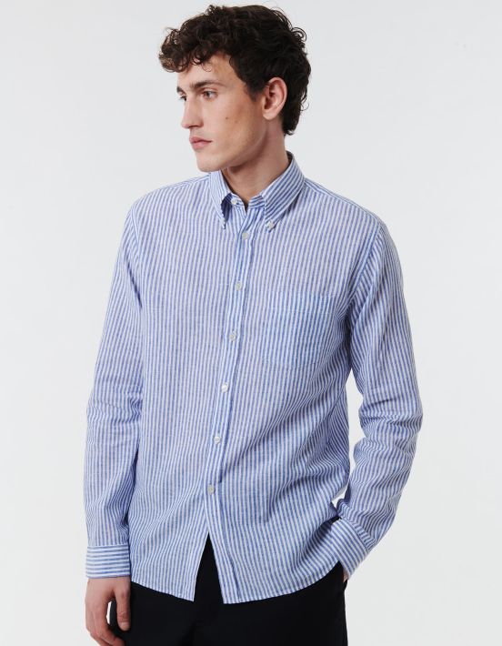 Blue Linen Stripe Shirt Collar button down