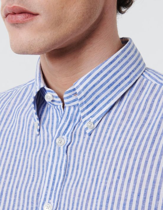 Blue Linen Stripe Shirt Collar button down Tailor Custom Fit hover