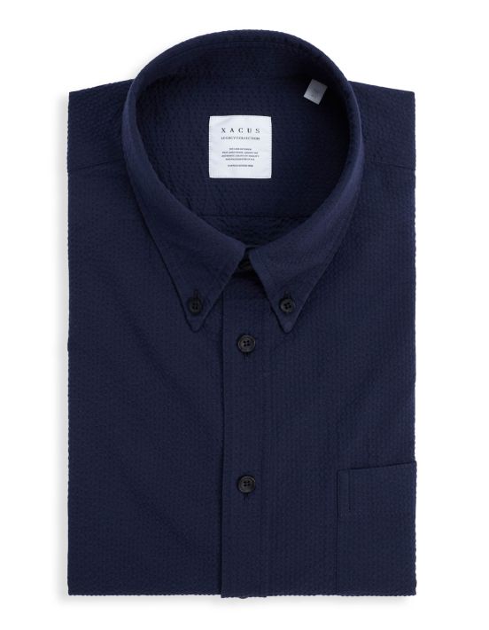 Camicia Collo button down Tinta Unita Seersucker Blu Tailor Custom Fit