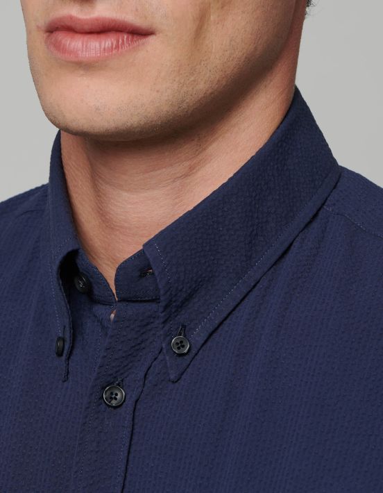 Camicia Collo button down Tinta Unita Seersucker Blu Tailor Custom Fit hover