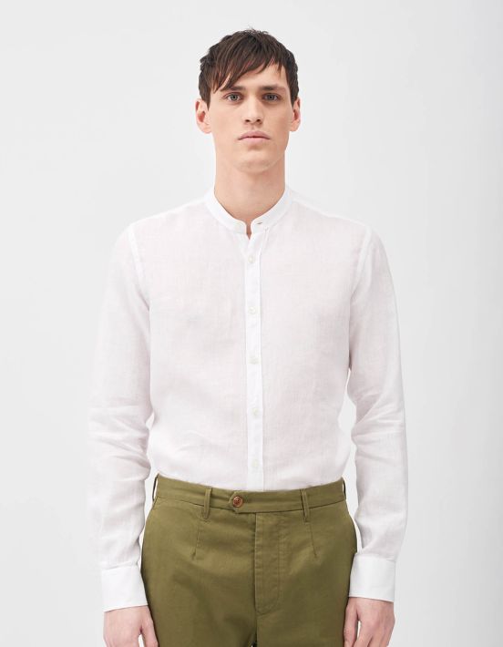 White Linen Solid colour Shirt Collar Mandarin