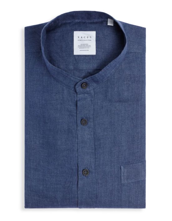 Airforce Blue Linen Solid colour Shirt Collar Mandarin Tailor Custom Fit