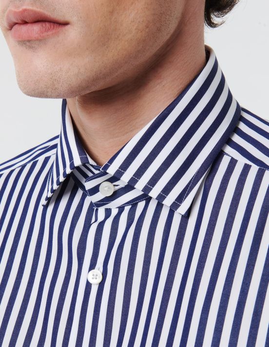 Dark Blue Poplin Stripe Shirt Collar spread Tailor Custom Fit hover
