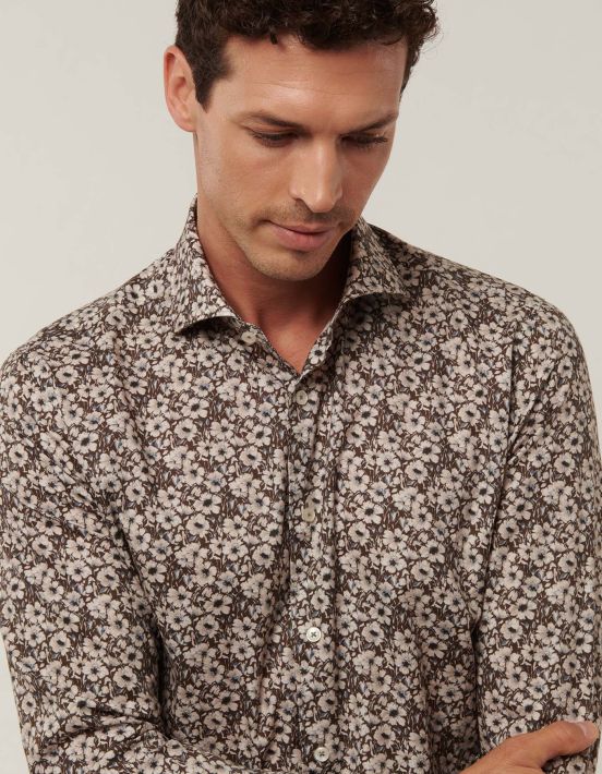 Brown Melange Twill Pattern Shirt Collar cutaway