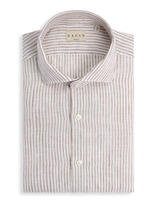 Beige Linen Stripe Shirt Collar cutaway Tailor Custom Fit