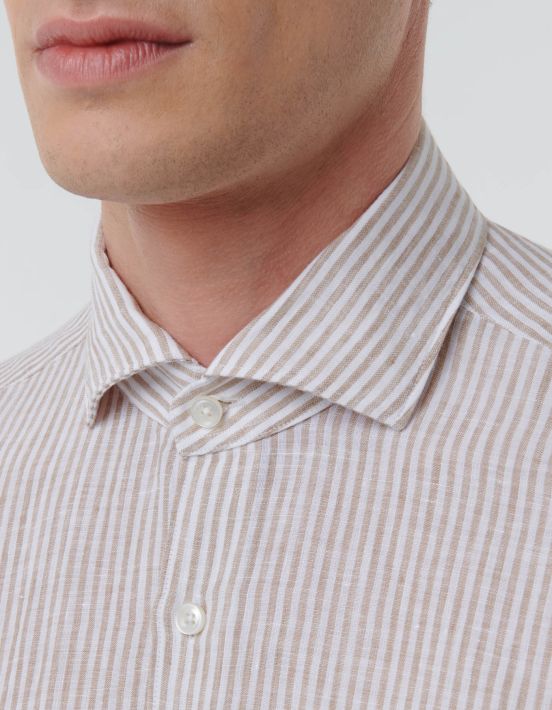 Beige Linen Stripe Shirt Collar cutaway Tailor Custom Fit hover