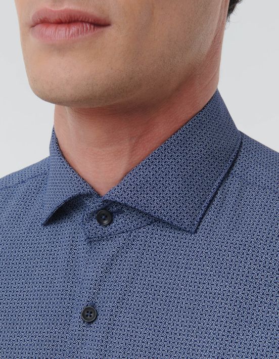 Navy Blue Poplin Pattern Shirt Collar cutaway Tailor Custom Fit hover