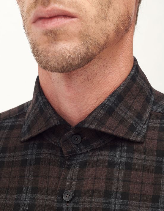 Brown Textured Check Shirt Collar cutaway Tailor Custom Fit hover