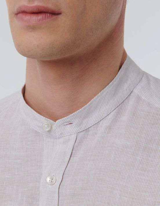 Beige Linen Stripe Shirt Collar Mandarin Tailor Custom Fit hover