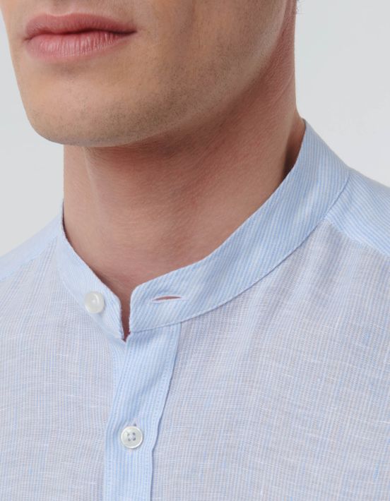 Light Blue Linen Stripe Shirt Collar Mandarin Tailor Custom Fit hover