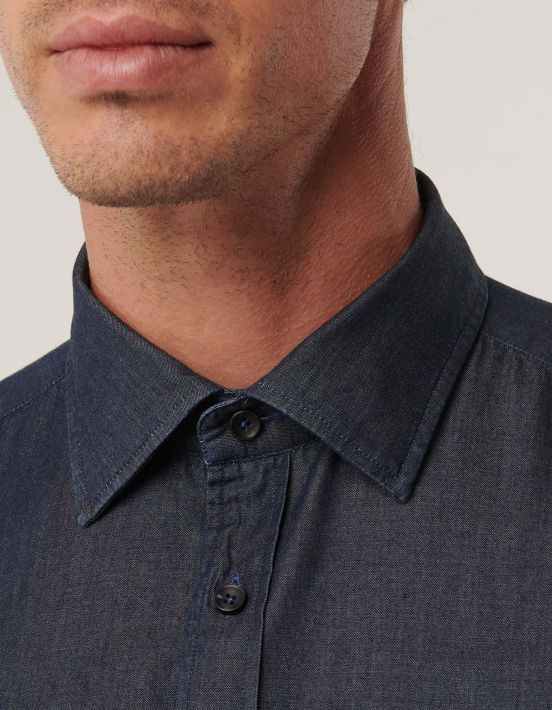 Camisa Cuello italiano abierto Liso Sarga Blue jeans Tailor Custom Fit hover