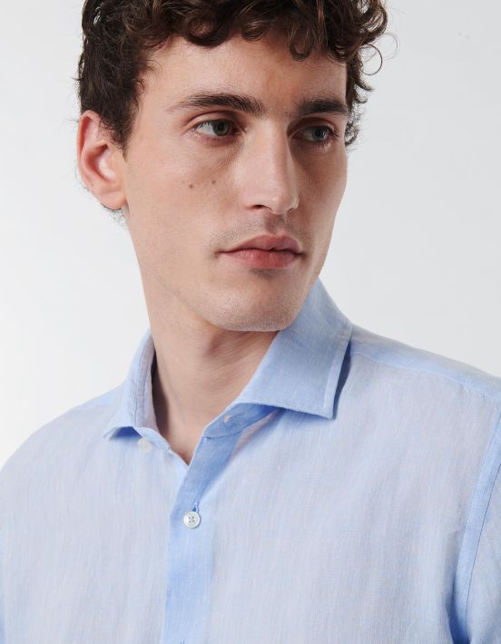 Light Blue Linen Solid colour Shirt Collar small cutaway