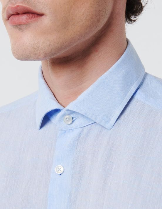 Light Blue Linen Solid colour Shirt Collar small cutaway Tailor Custom Fit hover