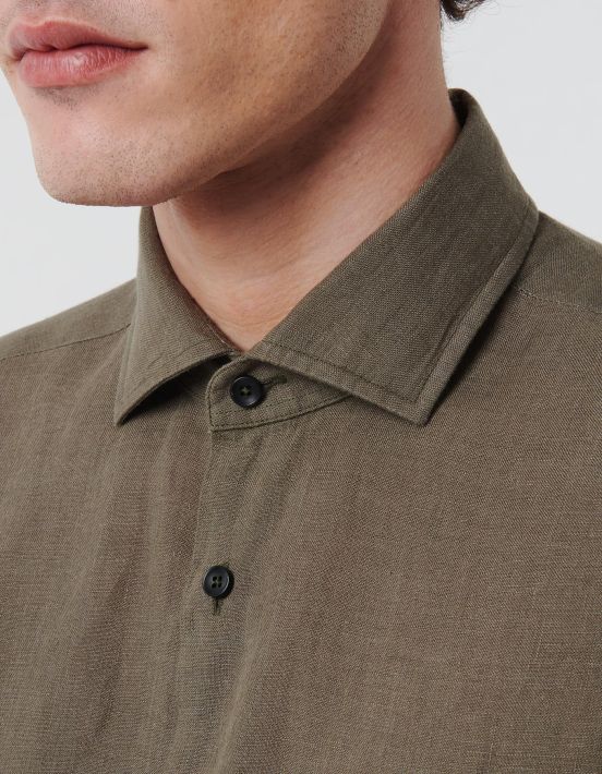 Army Green Linen Solid colour Shirt Collar small cutaway Tailor Custom Fit hover