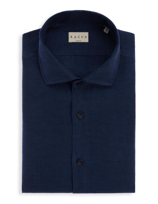 Camicia Collo francese piccolo Tinta Unita Lino Blu Tailor Custom Fit