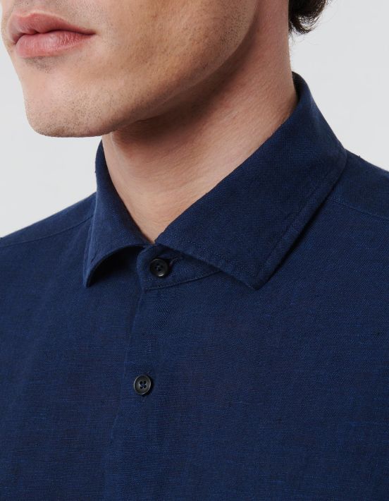 Blue Linen Solid colour Shirt Collar small cutaway Tailor Custom Fit hover
