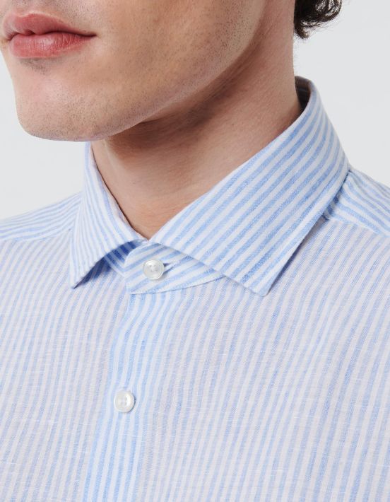 Light Blue Linen Stripe Shirt Collar open spread Evolution Classic Fit hover