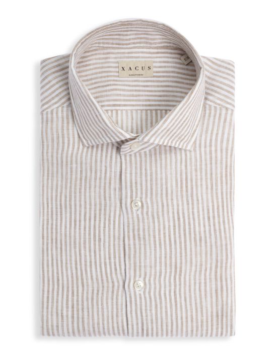 Beige Linen Stripe Shirt Collar open spread Evolution Classic Fit