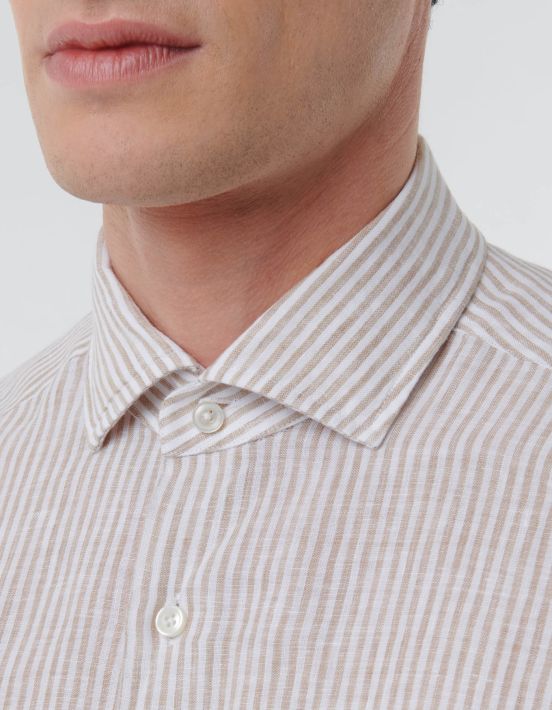 Beige Linen Stripe Shirt Collar open spread Evolution Classic Fit hover