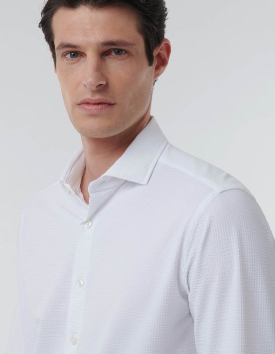 White Seersucker Solid colour Shirt Collar small cutaway