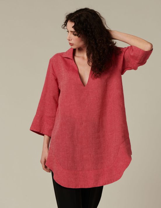 Dress Fire Red Linen Solid colour Over
