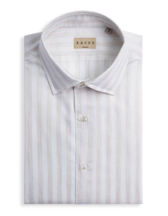 Beige Poplin Stripe Shirt Collar open spread Tailor Custom Fit