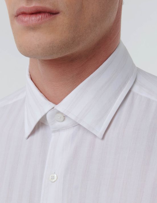 Beige Poplin Stripe Shirt Collar open spread Tailor Custom Fit hover