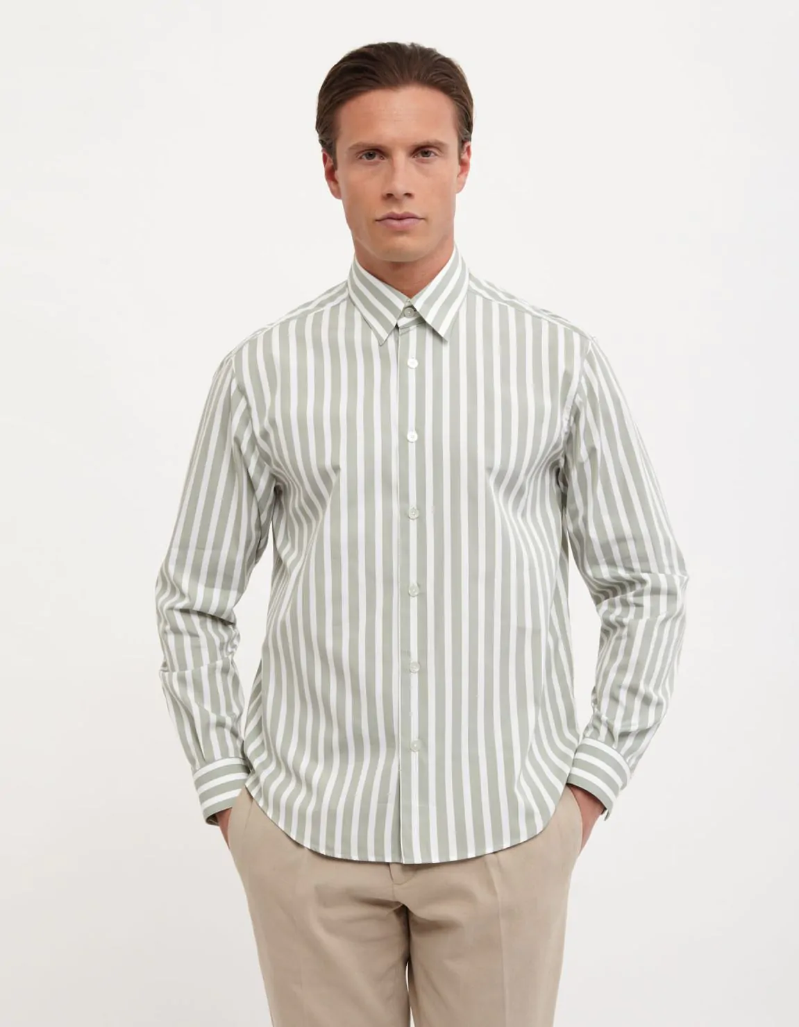 Sage Green Poplin Stripe Shirt Collar spread Evolution Classic Fit 3